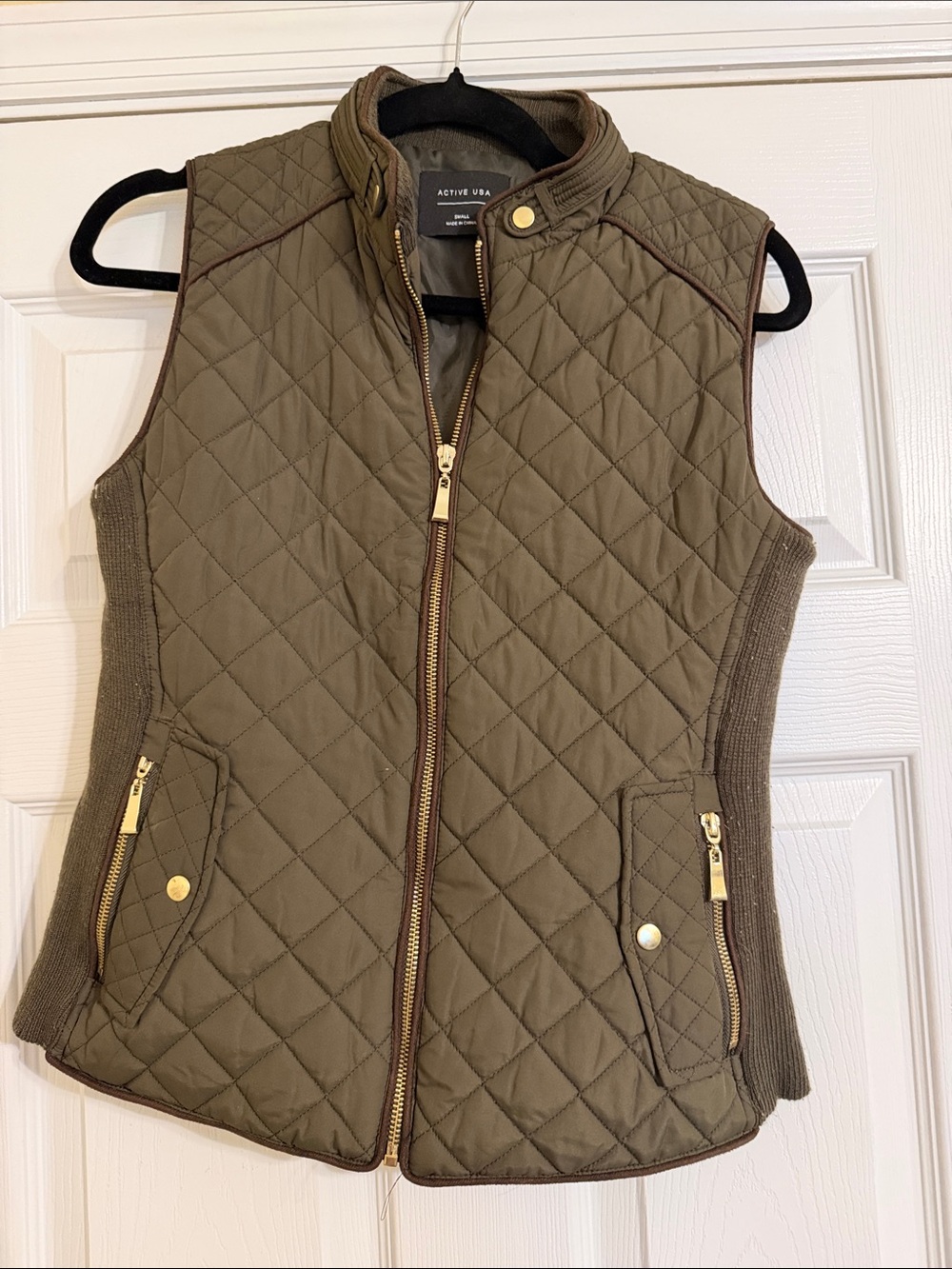 Active USA Quilted Olive Vest with Gold Hardware